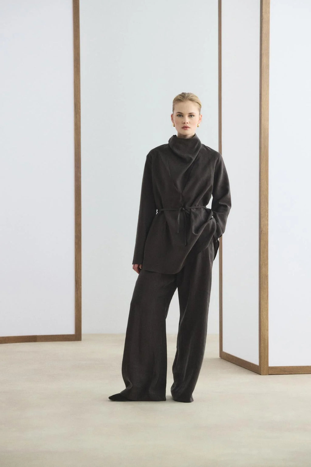 Drape Yaka Tensel Tunik Pantolon Takım