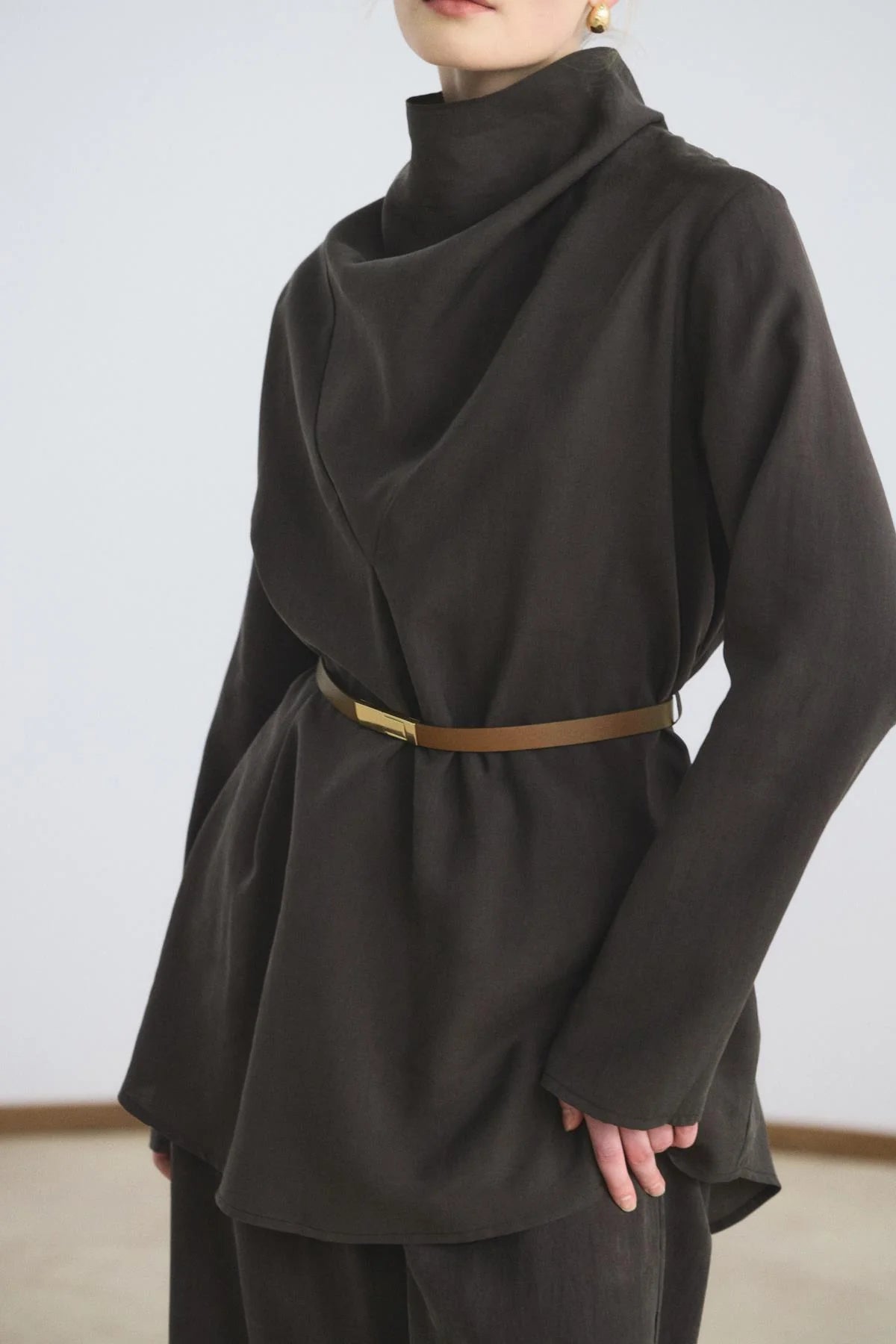 Drape Yaka Tensel Tunik Pantolon Takım