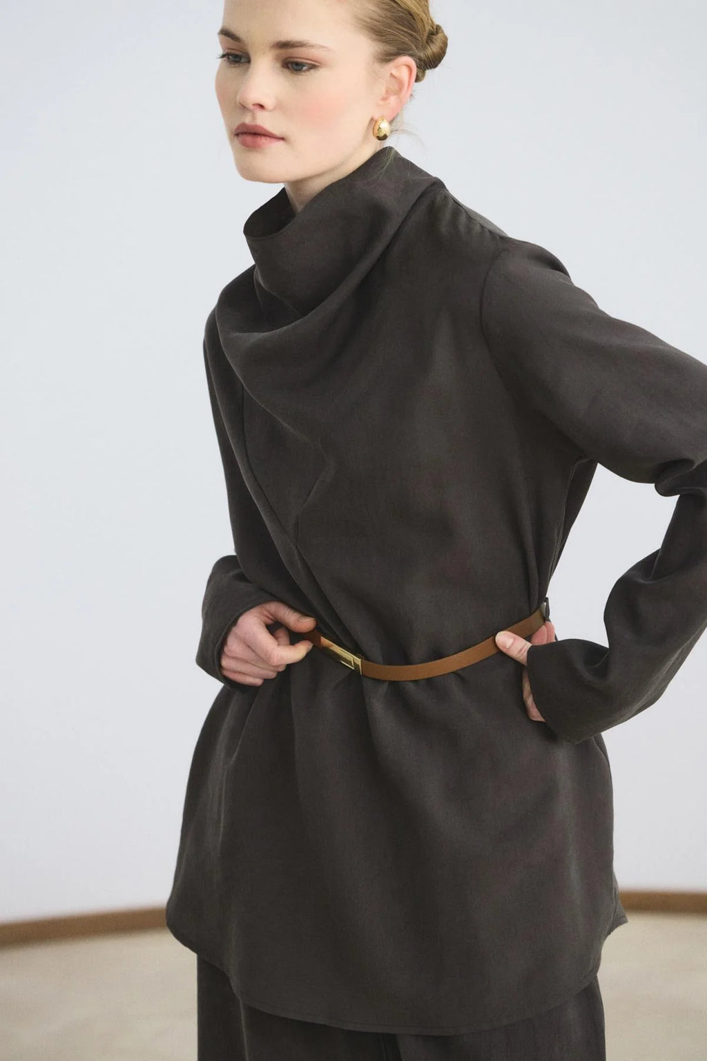 Drape Yaka Tensel Tunik Pantolon Takım
