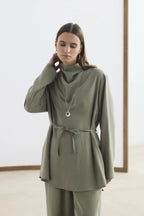 Drape Yaka Tensel Tunik Pantolon Takım