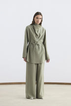 Drape Yaka Tensel Tunik Pantolon Takım