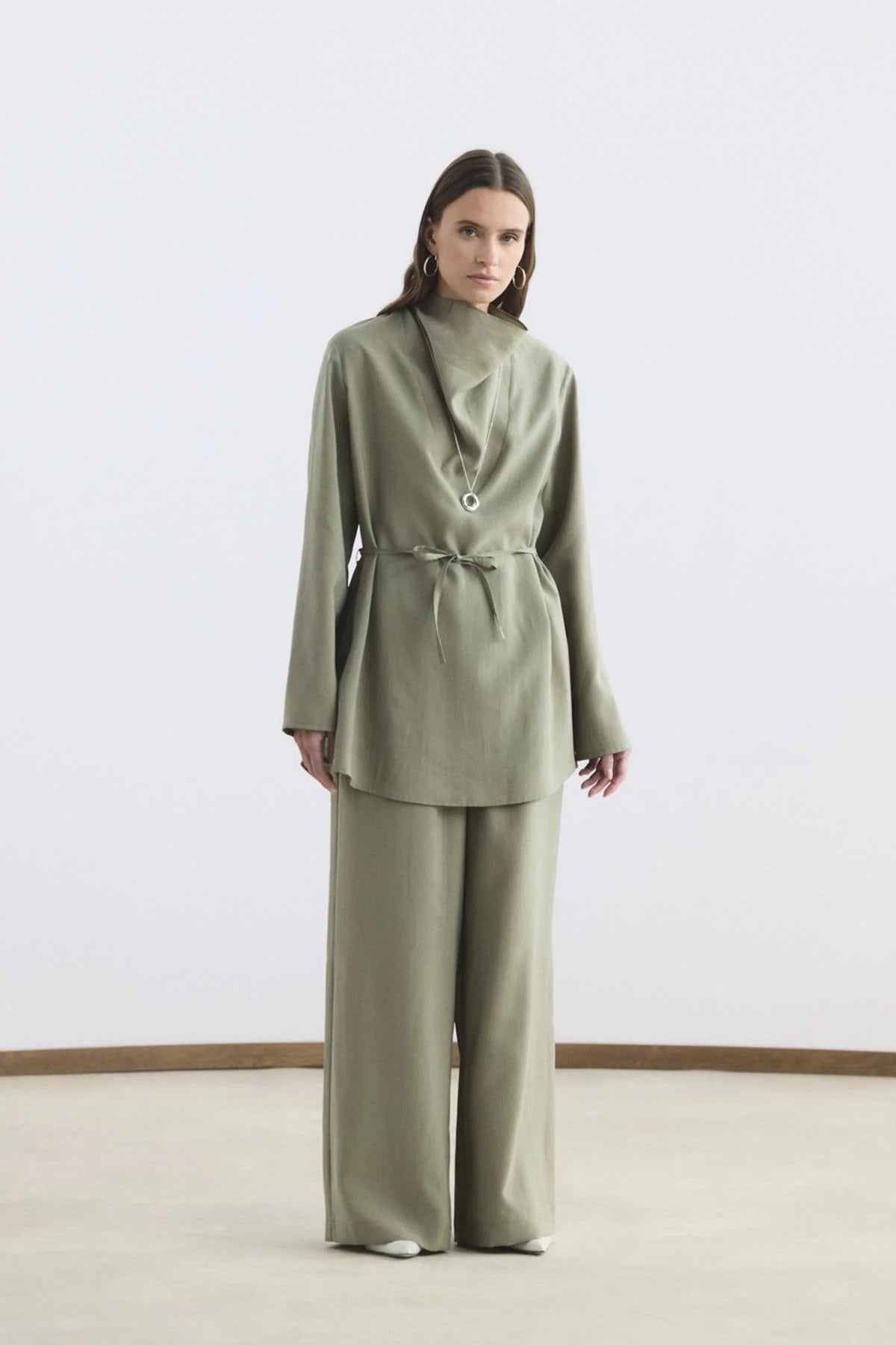 Drape Yaka Tensel Tunik Pantolon Takım