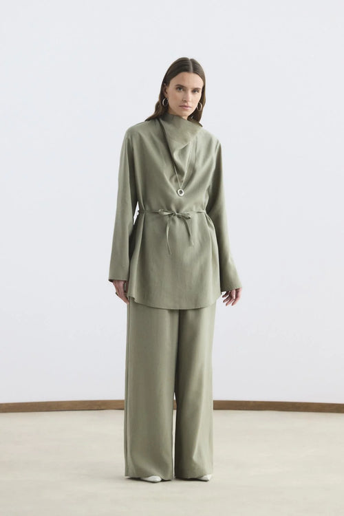 Drape Yaka Tensel Tunik Pantolon Takım